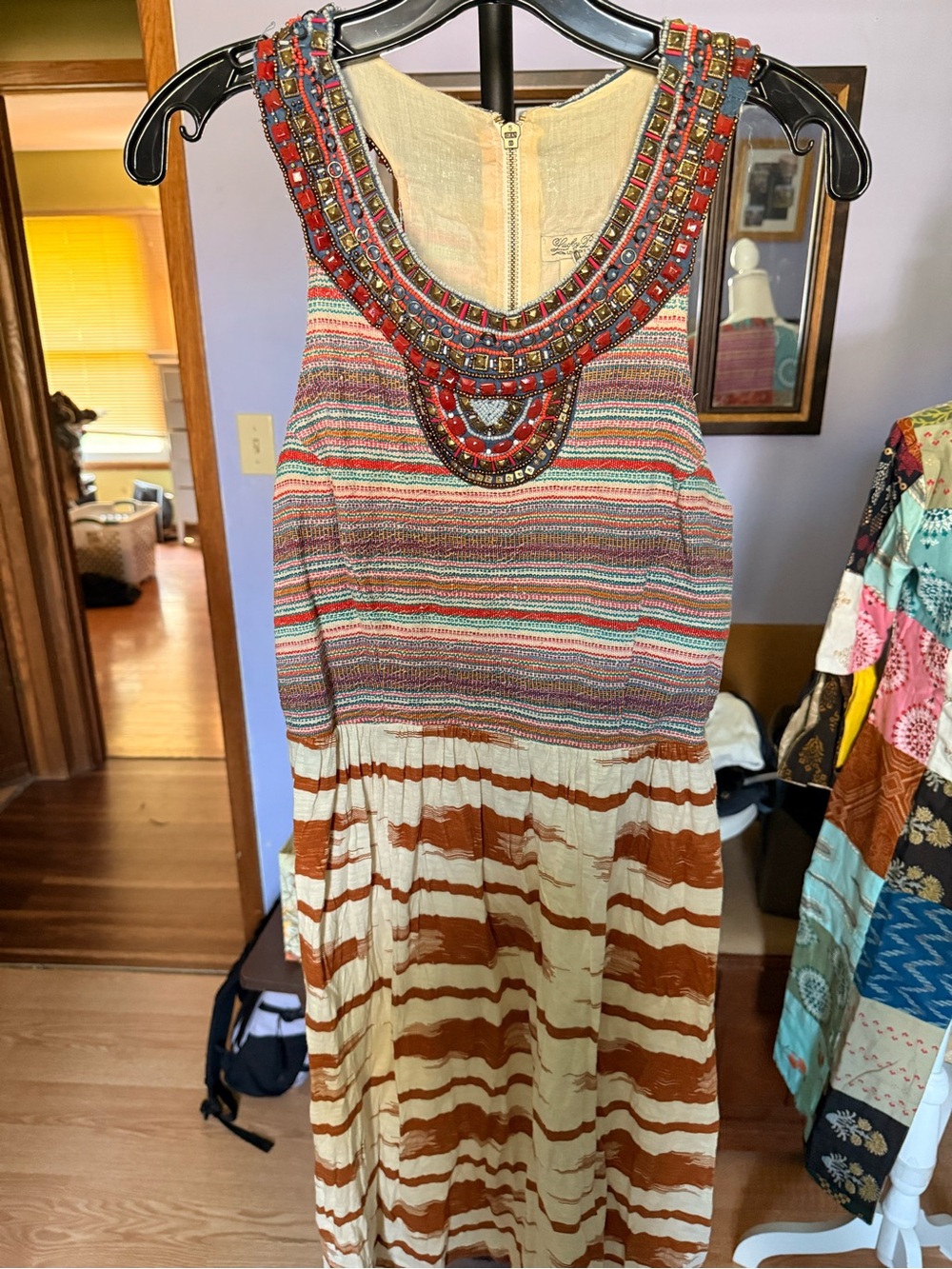 Lucky Brand Multicolor Striped Midi Dress with Beaded Neckline